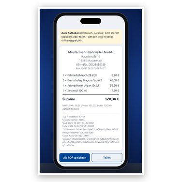 Digitaler Kassenbon auf dem Handy mit Positionen, Summe, MwSt und TSE-Daten