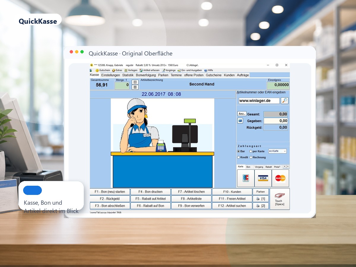 QuickKasse fuer den Einzelhandel mit echter Software-Oberflaeche